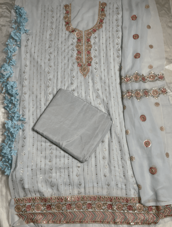 অরিজিনাল ইন্ডিয়ান ৪ পিস পার্টি ড্রেস (আনস্টিচ )- অ্যাশ কালার - Image 3